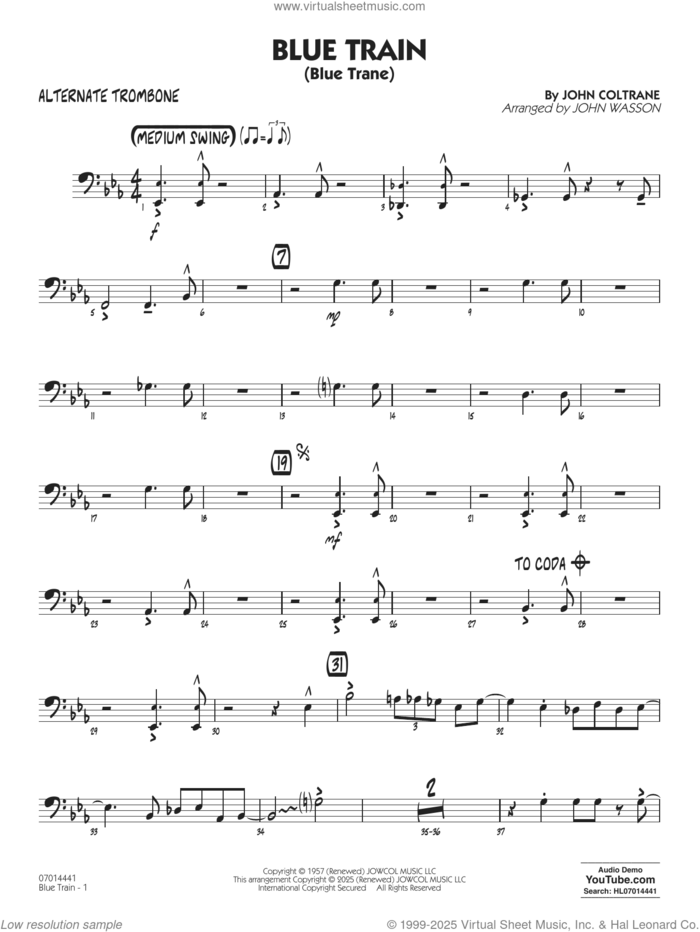 Blue Train (Blue Trane) (arr. Blue Train (Blue Trane) (arr. Wasson) sheet music for jazz band (alternate trombone) by John Coltrane and John Wasson, intermediate skill level