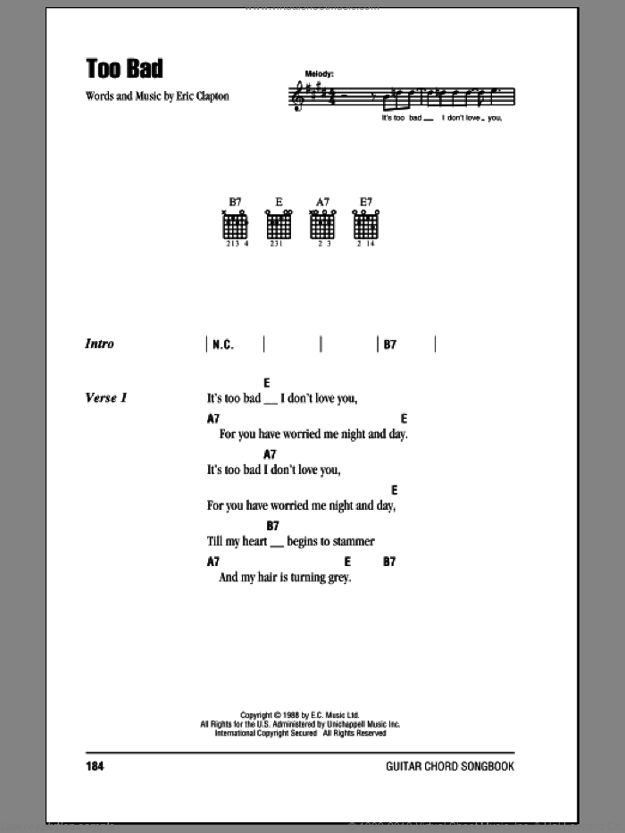 Too Bad sheet music for guitar (chords) by Eric Clapton, intermediate skill level