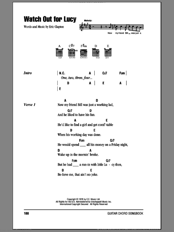 Watch Out For Lucy sheet music for guitar (chords) by Eric Clapton, intermediate skill level