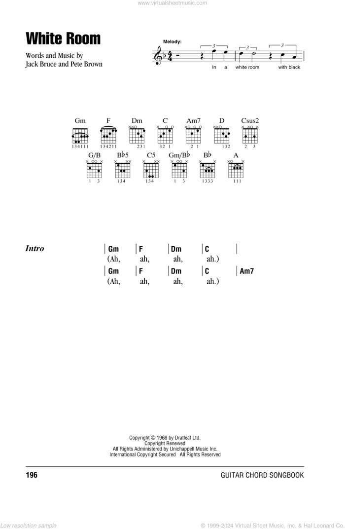 White Room sheet music for guitar (chords) by Cream, Eric Clapton, Jack Bruce and Pete Brown, intermediate skill level