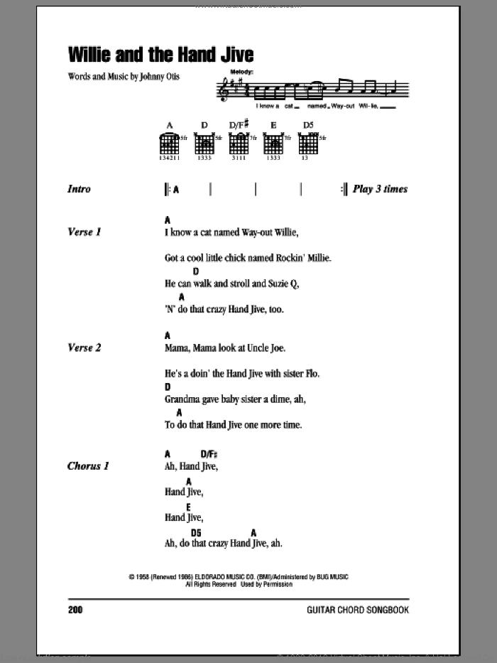Willie And The Hand Jive sheet music for guitar (chords) by Eric Clapton and Johnny Otis, intermediate skill level