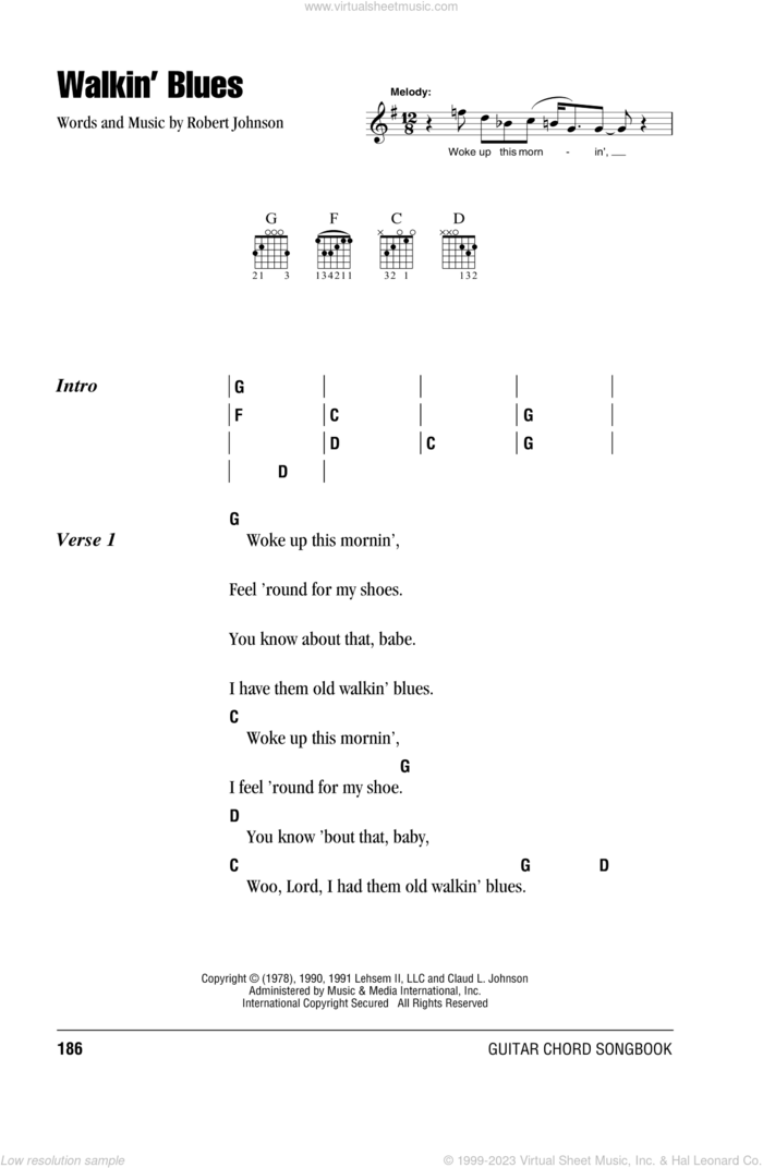 Walkin' Blues sheet music for guitar (chords) by Eric Clapton and Robert Johnson, intermediate skill level
