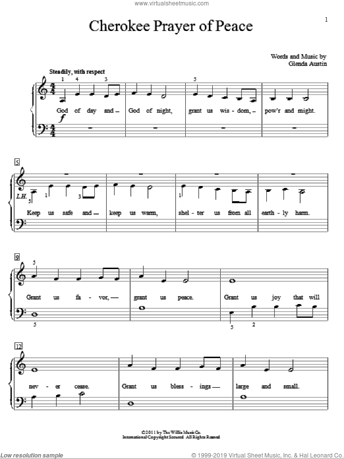 Cherokee Prayer Of Peace sheet music for piano solo (elementary) by Glenda Austin, beginner piano (elementary)