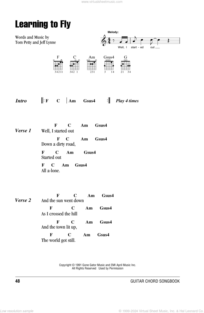 Learning To Fly sheet music for guitar (chords) by Tom Petty And The Heartbreakers, Jeff Lynne and Tom Petty, intermediate skill level