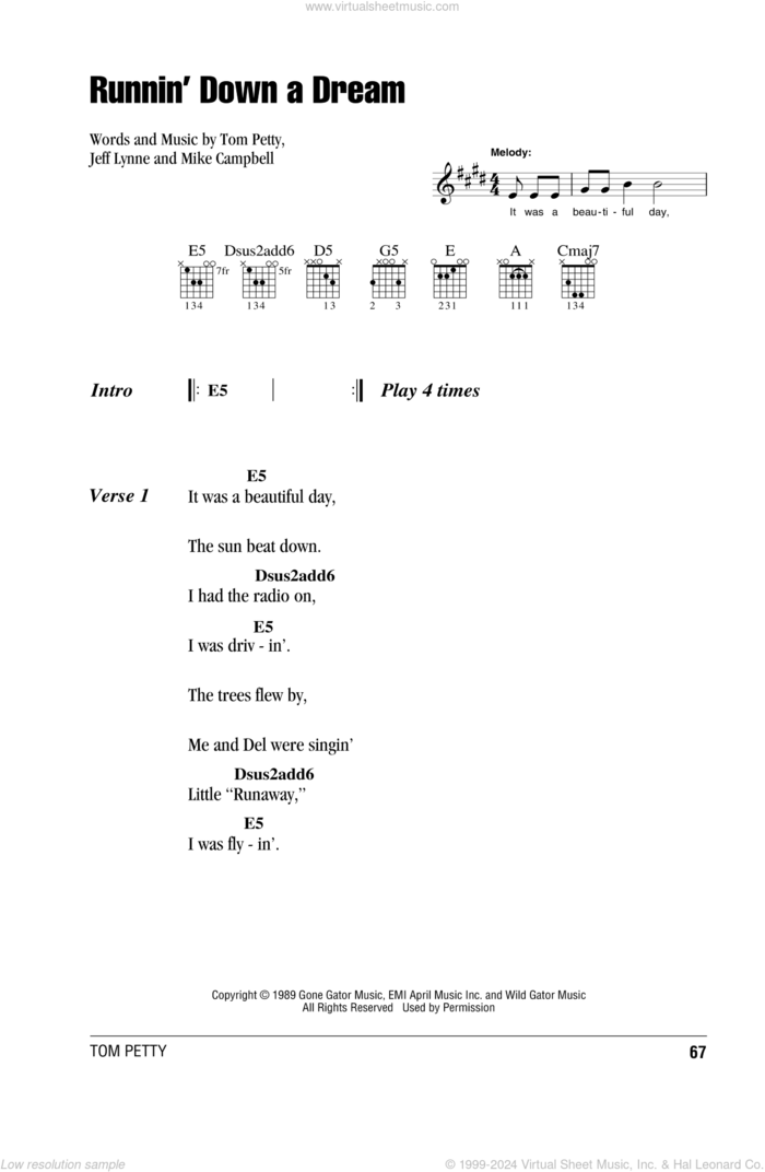 Runnin' Down A Dream sheet music for guitar (chords) by Tom Petty, Jeff Lynne and Mike Campbell, intermediate skill level