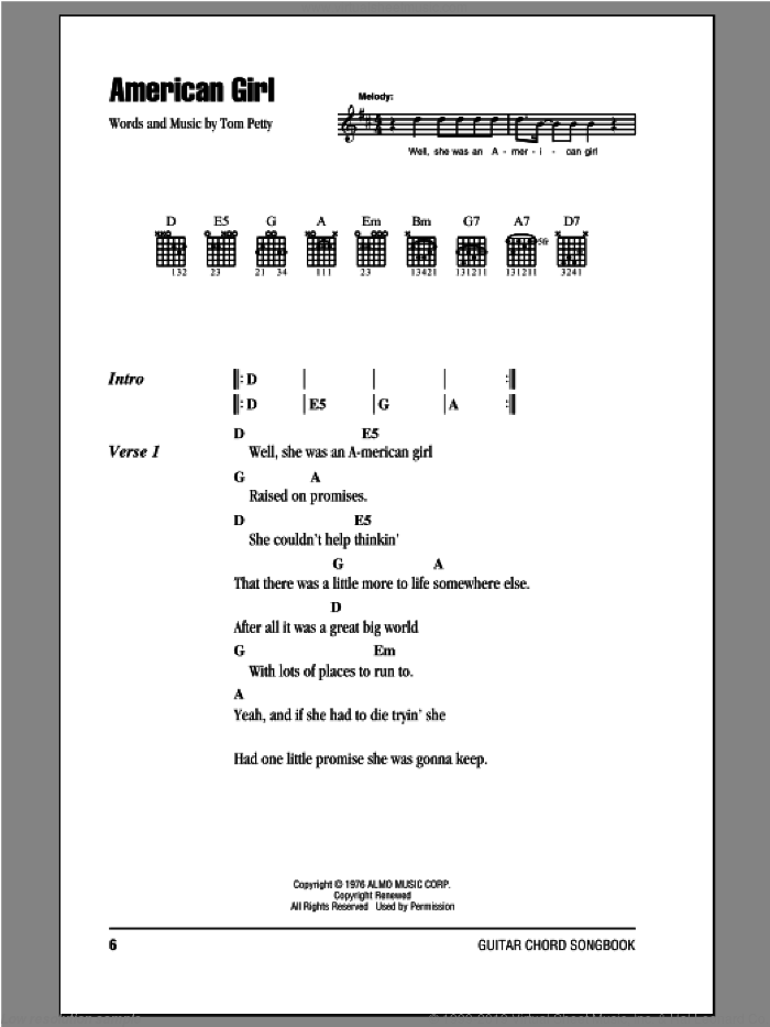 American Girl sheet music for guitar (chords) by Tom Petty And The Heartbreakers and Tom Petty, intermediate skill level