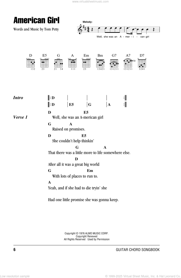 American Girl sheet music for guitar (chords) by Tom Petty And The Heartbreakers and Tom Petty, intermediate skill level