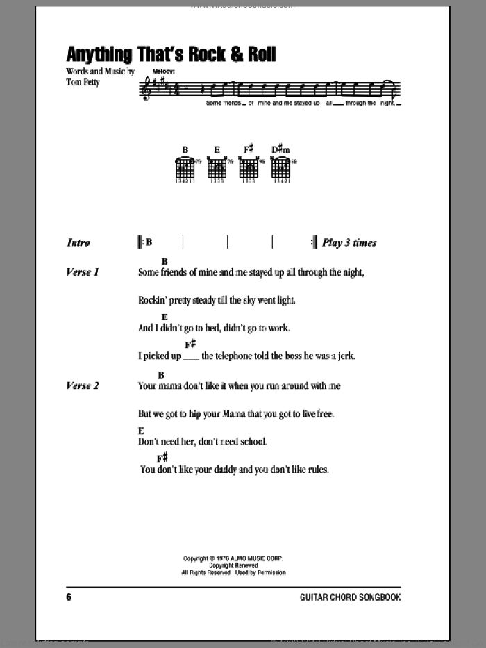 Anything That's Rock and Roll sheet music for guitar (chords) by Tom Petty And The Heartbreakers and Tom Petty, intermediate skill level