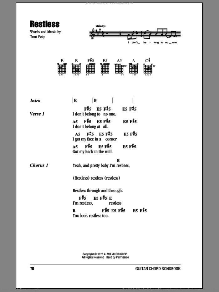 Restless sheet music for guitar (chords) by Tom Petty And The Heartbreakers and Tom Petty, intermediate skill level