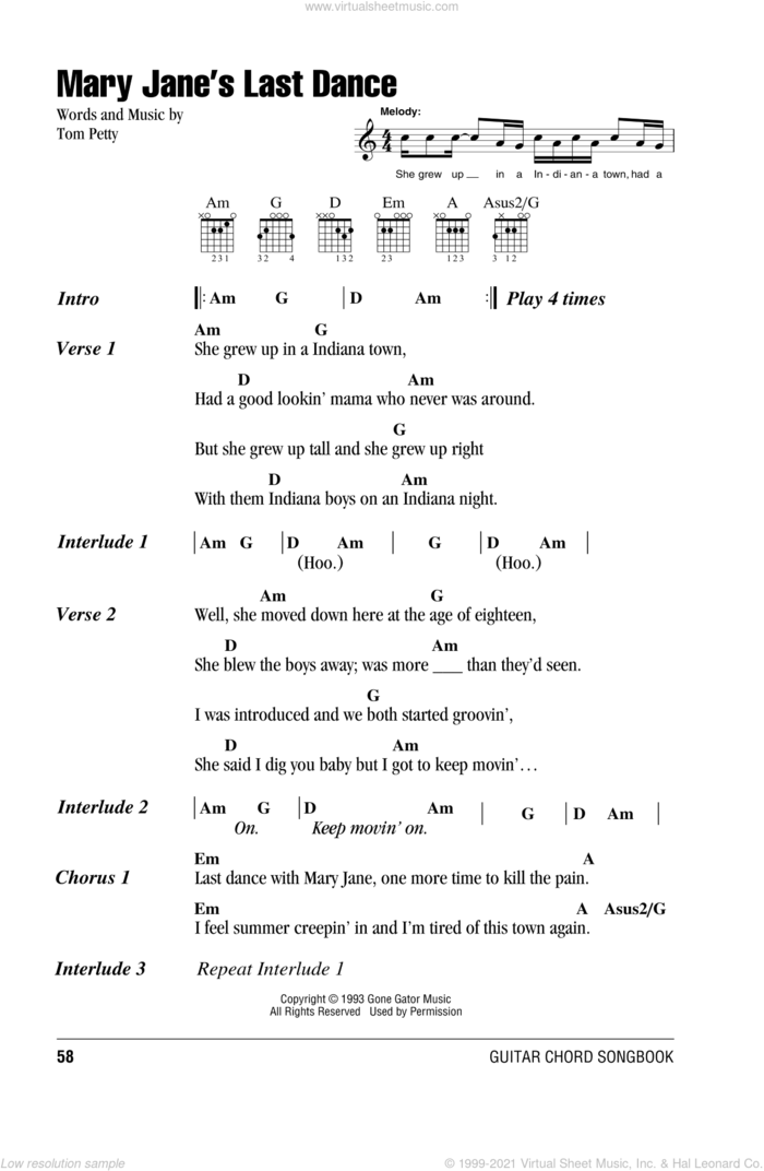 Mary Jane's Last Dance sheet music for guitar (chords) by Tom Petty And The Heartbreakers and Tom Petty, intermediate skill level
