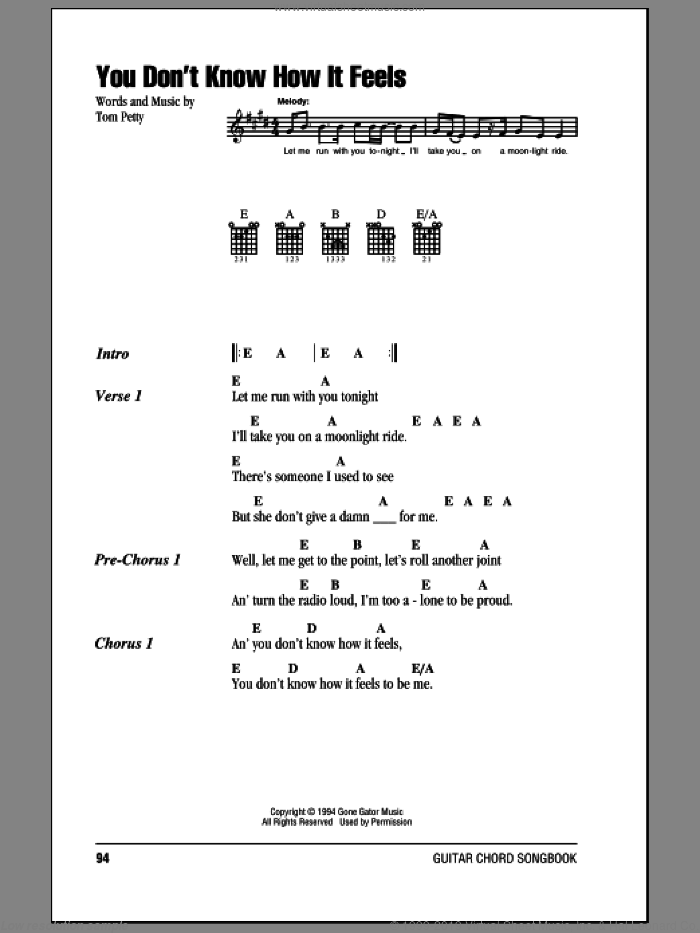 You Don't Know How It Feels sheet music for guitar (chords) by Tom Petty, intermediate skill level