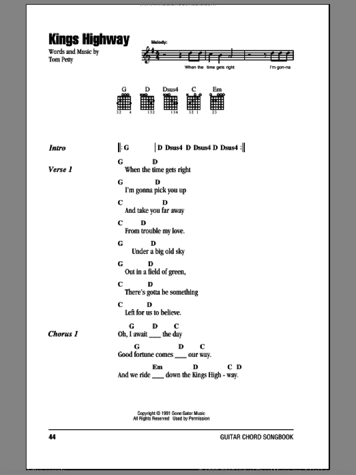 Kings Highway sheet music for guitar (chords) by Tom Petty And The Heartbreakers and Tom Petty, intermediate skill level