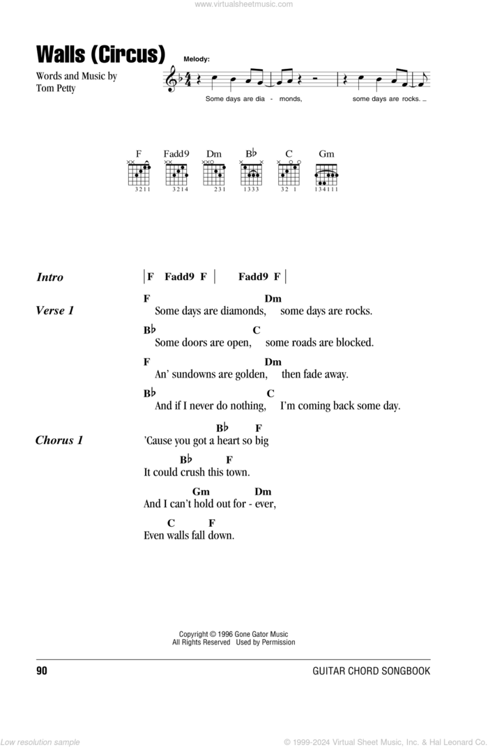 Walls (Circus) sheet music for guitar (chords) by Tom Petty, intermediate skill level