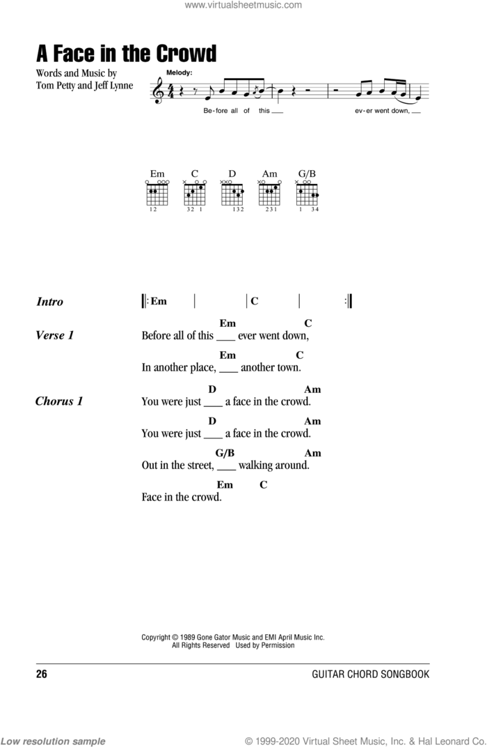 A Face In The Crowd sheet music for guitar (chords) by Tom Petty and Jeff Lynne, intermediate skill level
