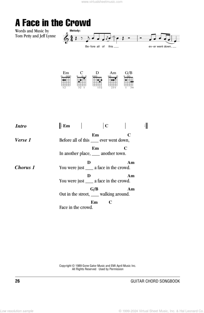 A Face In The Crowd sheet music for guitar (chords) by Tom Petty and Jeff Lynne, intermediate skill level