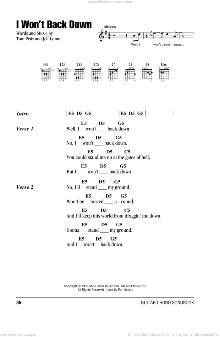 I Won't Back Down sheet music for guitar (chords) by Tom Petty And The Heartbreakers, Jeff Lynne and Tom Petty, intermediate skill level