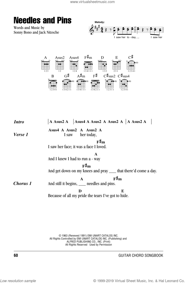 Needles And Pins sheet music for guitar (chords) by Tom Petty And The Heartbreakers, Tom Petty, Jack Nitzsche and Sonny Bono, intermediate skill level