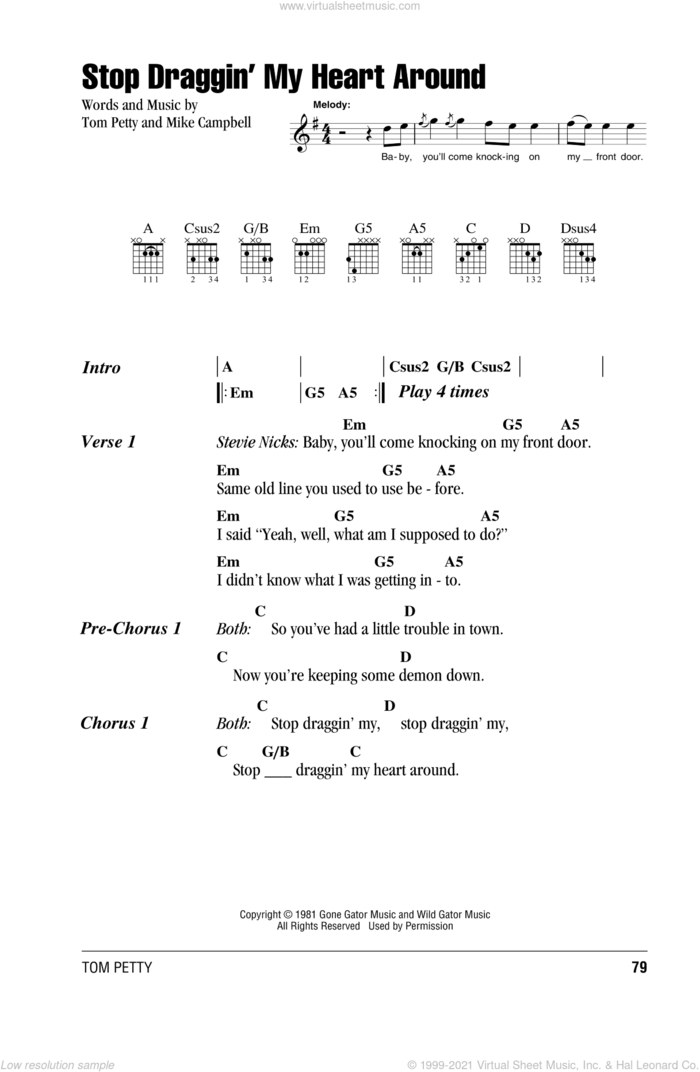 Stop Draggin' My Heart Around sheet music for guitar (chords) by Stevie Nicks with Tom Petty, Stevie Nicks, Mike Campbell and Tom Petty, intermediate skill level
