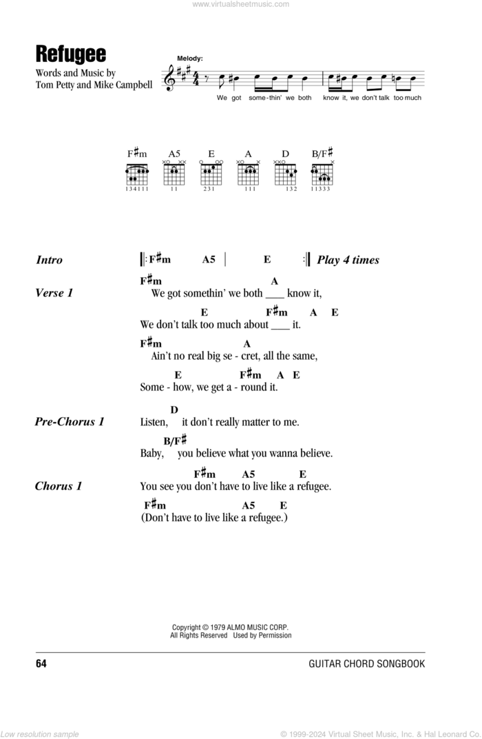 Refugee sheet music for guitar (chords) by Tom Petty And The Heartbreakers, Mike Campbell and Tom Petty, intermediate skill level