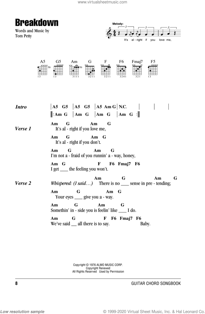 Breakdown sheet music for guitar (chords) by Tom Petty And The Heartbreakers and Tom Petty, intermediate skill level
