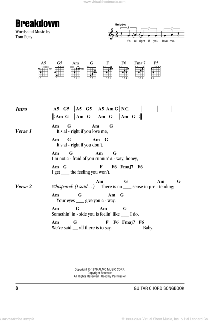 Breakdown sheet music for guitar (chords) by Tom Petty And The Heartbreakers and Tom Petty, intermediate skill level