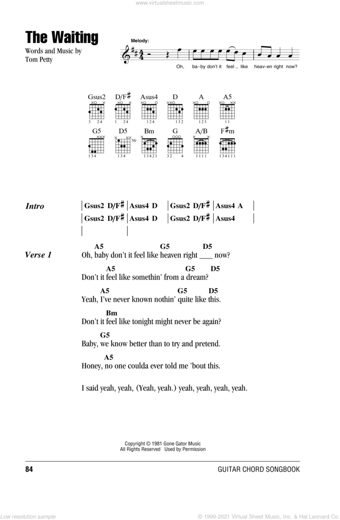 The Waiting sheet music for guitar (chords) by Tom Petty And The Heartbreakers and Tom Petty, intermediate skill level