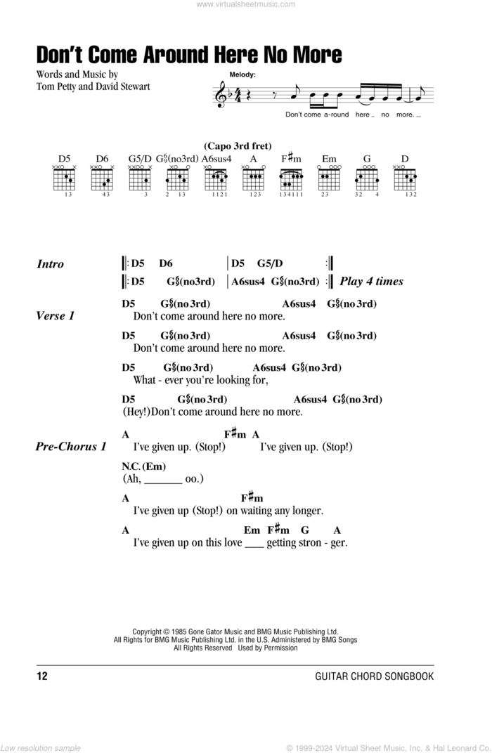 Don't Come Around Here No More sheet music for guitar (chords) by Tom Petty And The Heartbreakers, Dave Stewart and Tom Petty, intermediate skill level