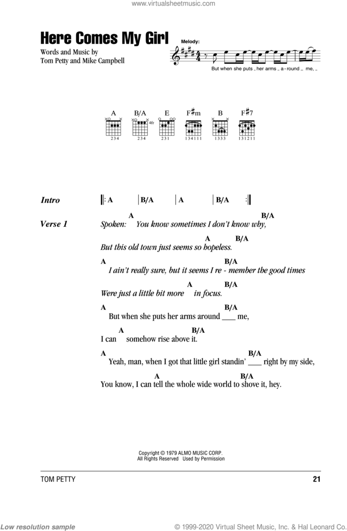 Here Comes My Girl sheet music for guitar (chords) by Tom Petty And The Heartbreakers, Mike Campbell and Tom Petty, intermediate skill level