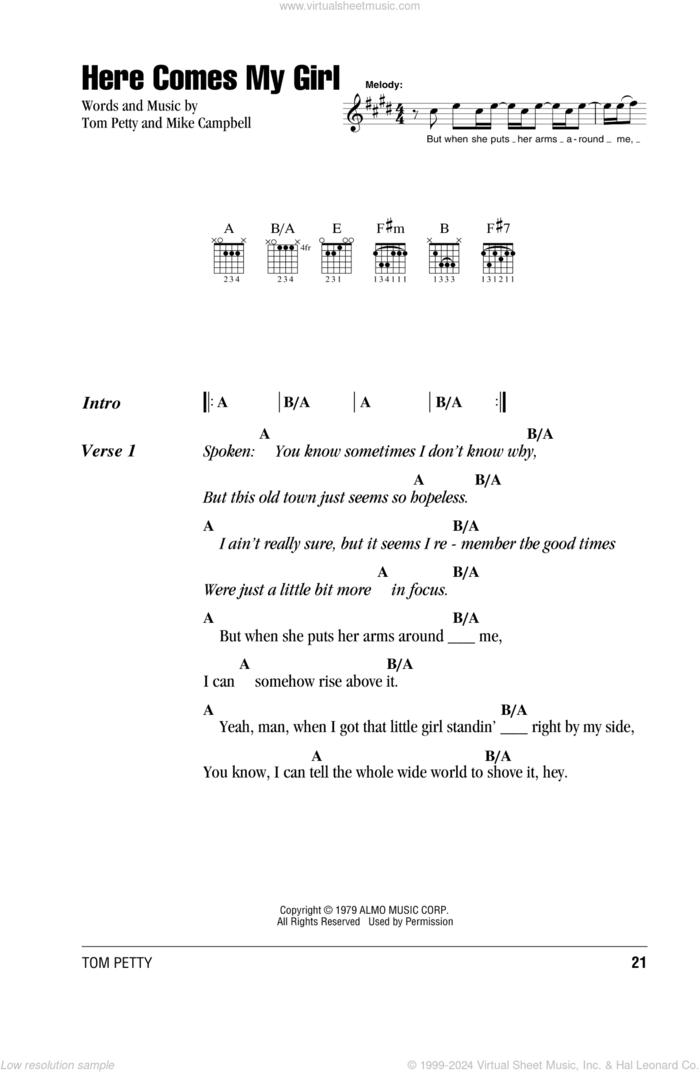 Here Comes My Girl sheet music for guitar (chords) by Tom Petty And The Heartbreakers, Mike Campbell and Tom Petty, intermediate skill level