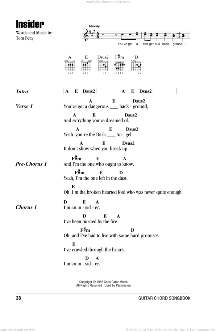 Insider sheet music for guitar (chords) by Tom Petty And The Heartbreakers and Tom Petty, intermediate skill level