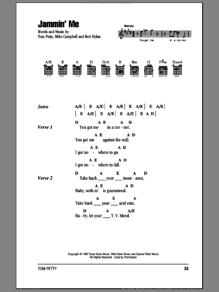 Jammin' Me sheet music for guitar (chords) by Tom Petty And The Heartbreakers, Bob Dylan, Mike Campbell and Tom Petty, intermediate skill level