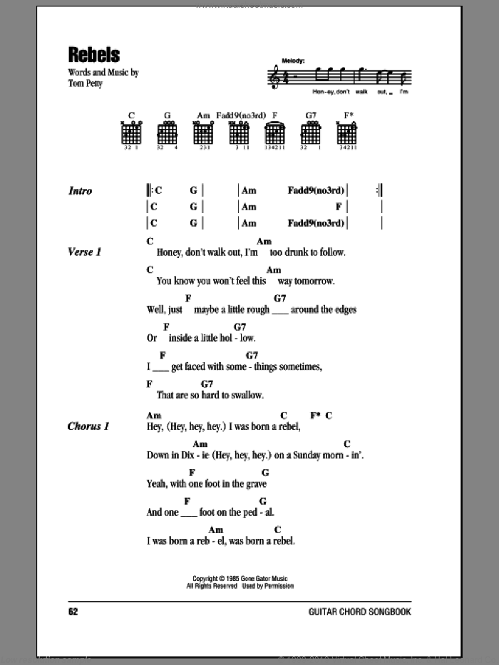 Rebels sheet music for guitar (chords) by Tom Petty And The Heartbreakers and Tom Petty, intermediate skill level