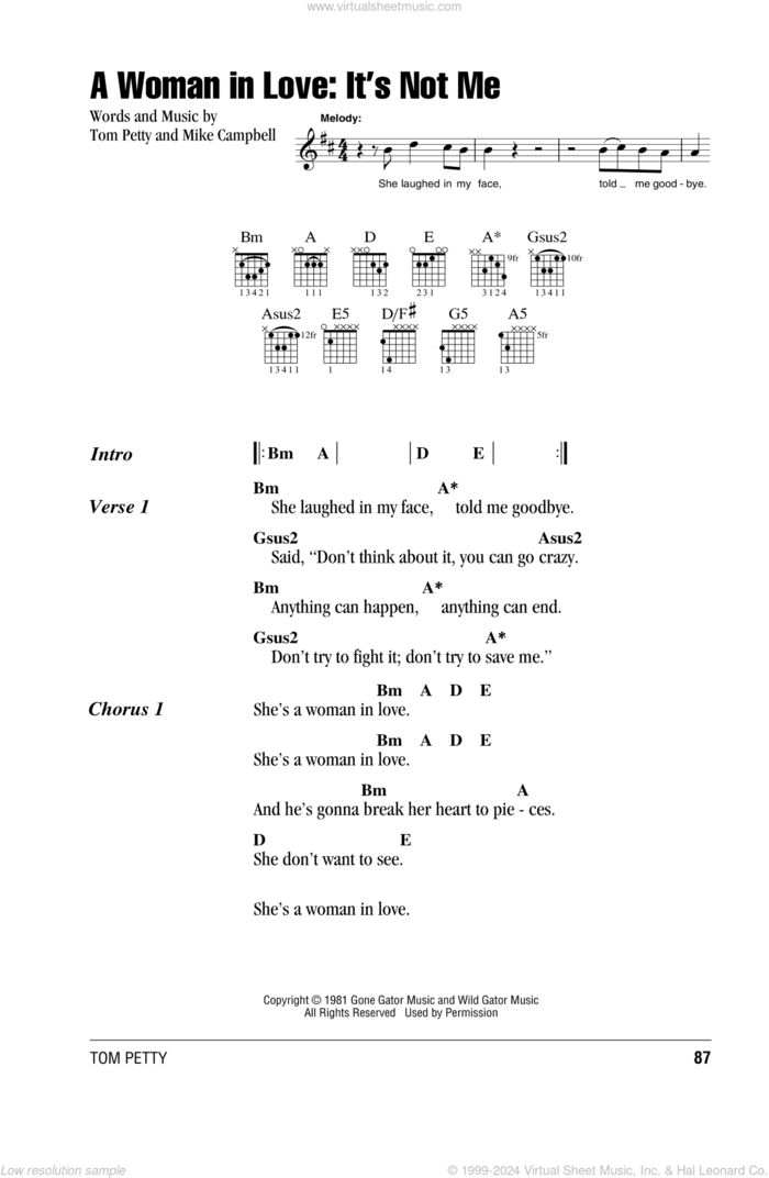 A Woman In Love: It's Not Me sheet music for guitar (chords) by Tom Petty And The Heartbreakers, Mike Campbell and Tom Petty, intermediate skill level