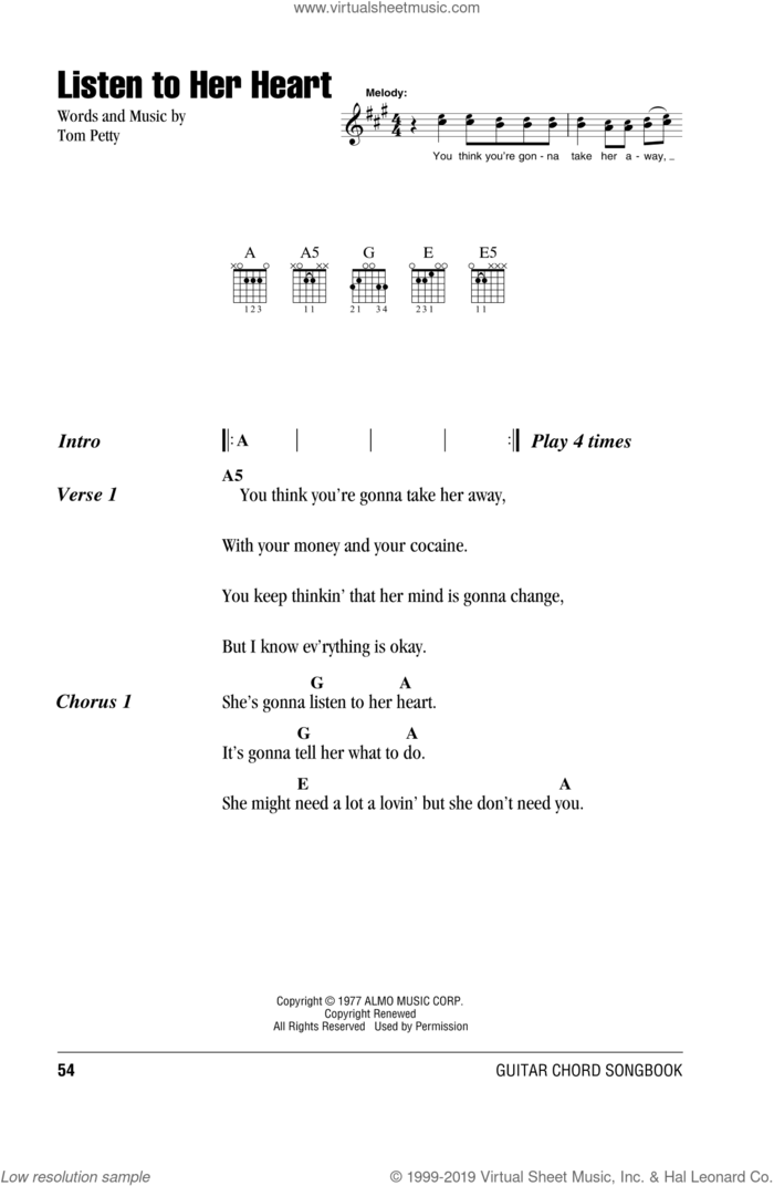 Listen To Her Heart sheet music for guitar (chords) by Tom Petty And The Heartbreakers and Tom Petty, intermediate skill level