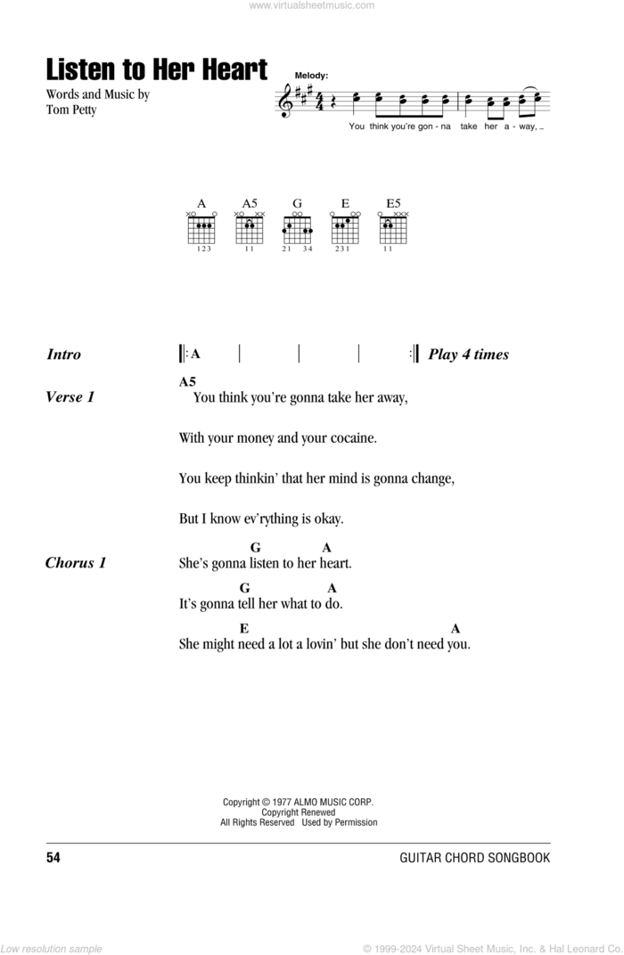 Listen To Her Heart sheet music for guitar (chords) by Tom Petty And The Heartbreakers and Tom Petty, intermediate skill level