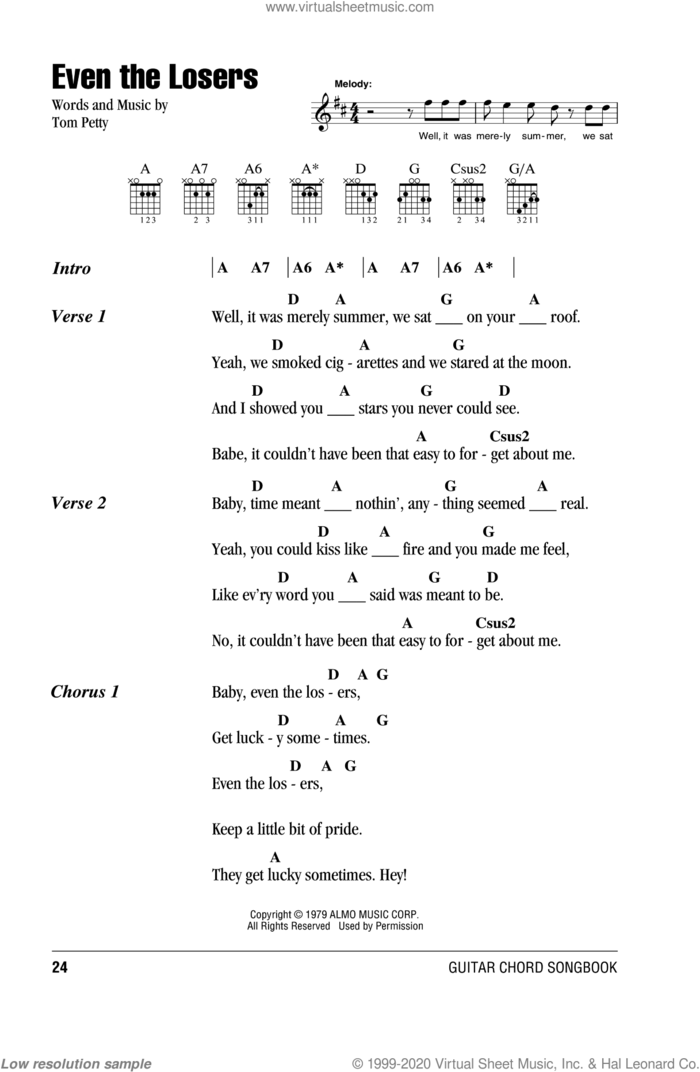 Even The Losers sheet music for guitar (chords) by Tom Petty And The Heartbreakers and Tom Petty, intermediate skill level