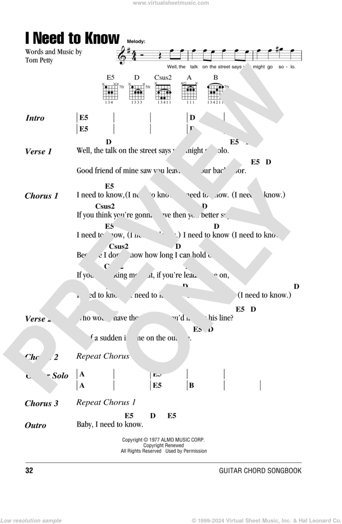 I Need To Know sheet music for guitar (chords) by Tom Petty And The Heartbreakers and Tom Petty, intermediate skill level