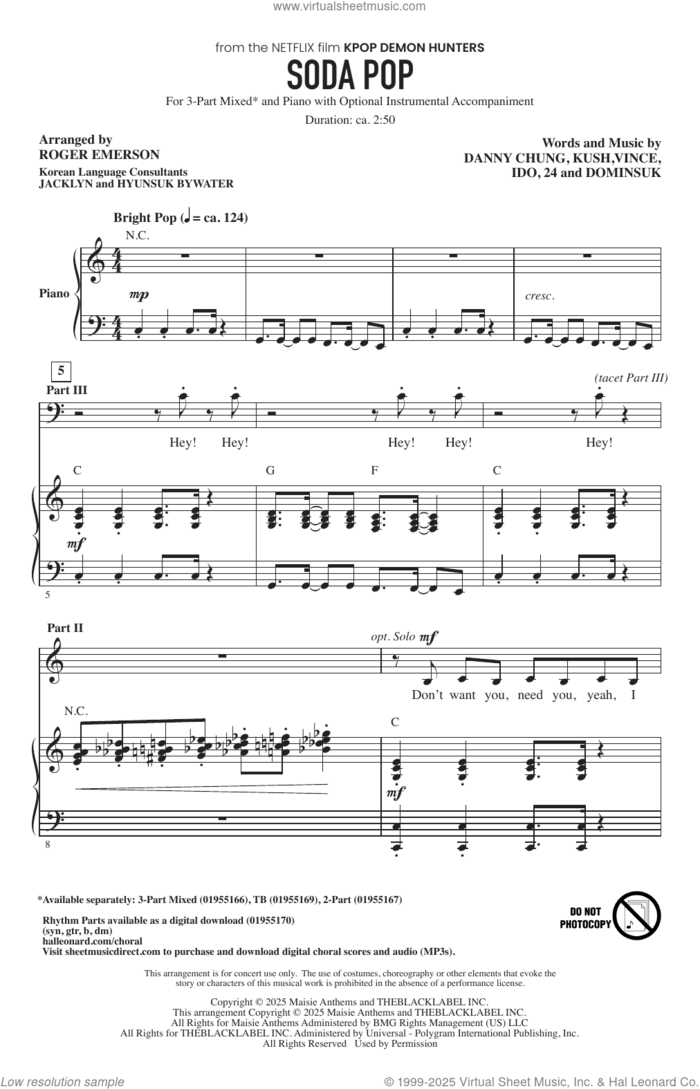 Soda Pop (from KPop Demon Hunters) (arr. Roger Emerson) sheet music for choir (3-Part Mixed) by Saja Boys, Roger Emerson, 24, Danny Chung, Dominsuk, Ido, Kush (aka Byoung-hoon Kim) and Vince (aka Joe Rhee), intermediate skill level