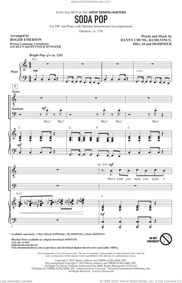 Soda Pop (from KPop Demon Hunters) (arr. Roger Emerson) sheet music for choir (TB: tenor, bass) by Saja Boys, Roger Emerson, 24, Danny Chung, Dominsuk, Ido, Kush (aka Byoung-hoon Kim) and Vince (aka Joe Rhee), intermediate skill level