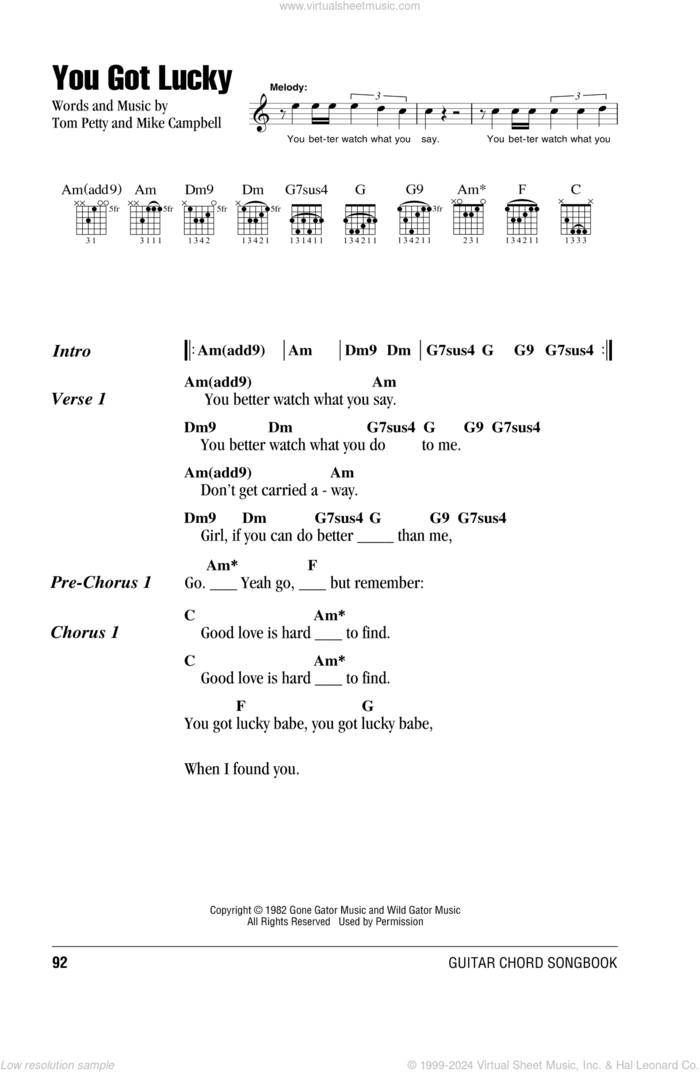 You Got Lucky sheet music for guitar (chords) by Tom Petty And The Heartbreakers, Mike Campbell and Tom Petty, intermediate skill level