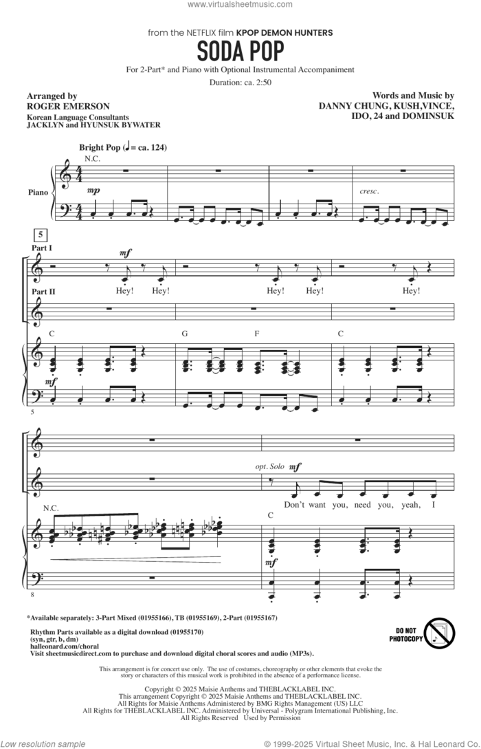 Soda Pop (from KPop Demon Hunters) (arr. Roger Emerson) sheet music for choir (2-Part) by Saja Boys, Roger Emerson, 24, Danny Chung, Dominsuk, Ido, Kush (aka Byoung-hoon Kim) and Vince (aka Joe Rhee), intermediate duet