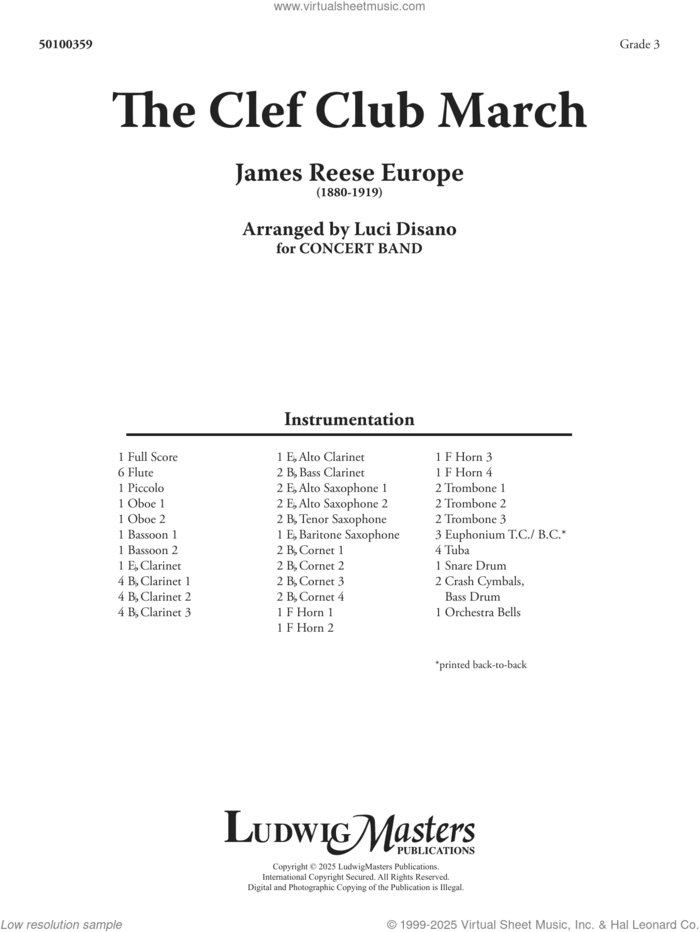 The Clef Club March (arr. Luci Disano) (COMPLETE) sheet music for concert band by James Reese Europe and Luci Disano, intermediate skill level