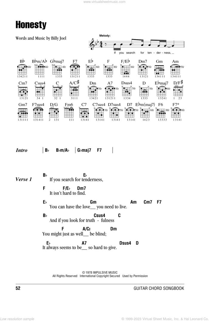 Honesty sheet music for guitar (chords) by Billy Joel, intermediate skill level