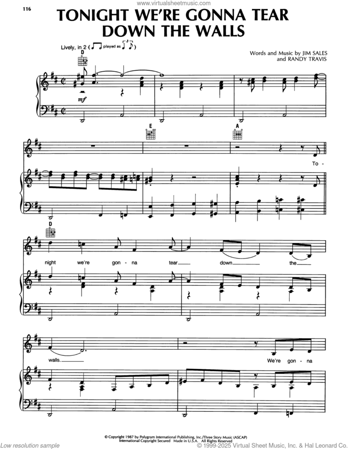Tonight We're Gonna Tear Down The Walls sheet music for voice, piano or guitar by Randy Travis, intermediate skill level