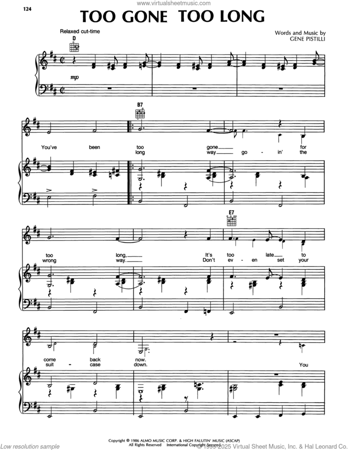 Too Gone Too Long sheet music for voice, piano or guitar by Randy Travis and Gene Pistilli, intermediate skill level
