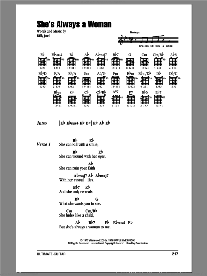 She's Always A Woman sheet music for guitar (chords) by Billy Joel, intermediate skill level