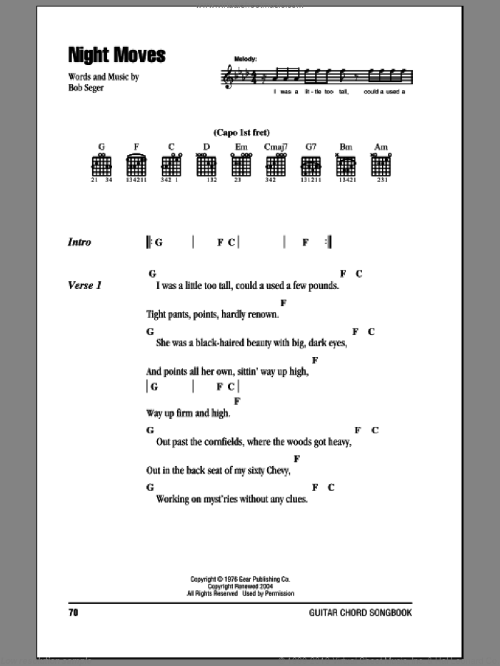 Night Moves sheet music for guitar (chords) by Bob Seger, intermediate skill level