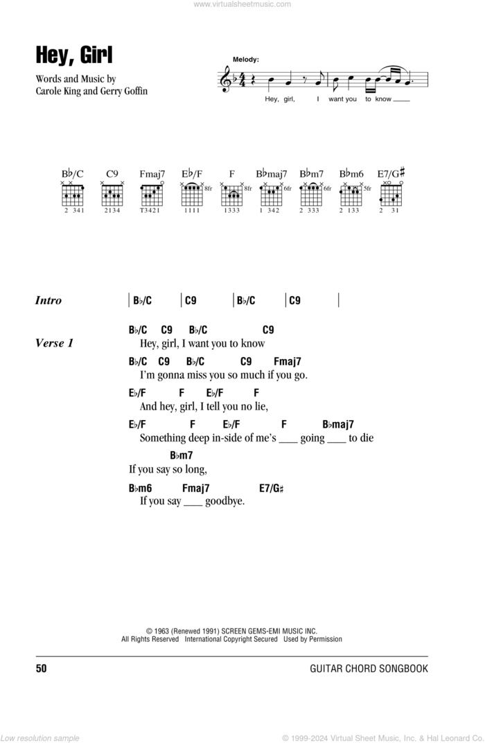 Hey, Girl sheet music for guitar (chords) by Billy Joel, Carole King and Gerry Goffin, intermediate skill level