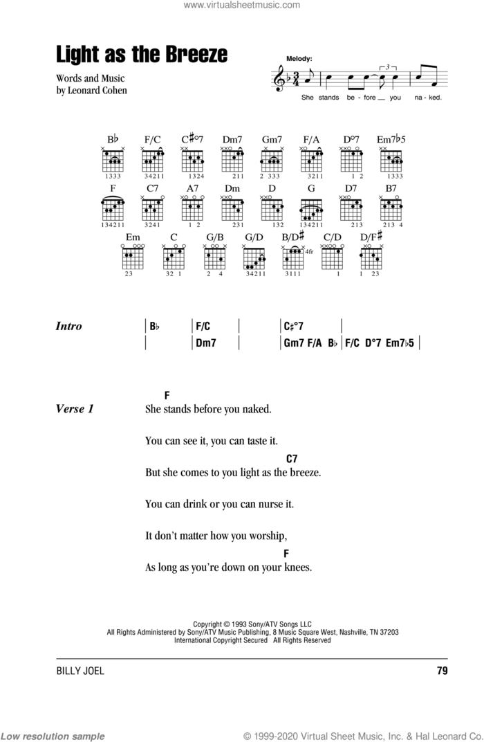 Light As The Breeze sheet music for guitar (chords) by Billy Joel and Leonard Cohen, intermediate skill level