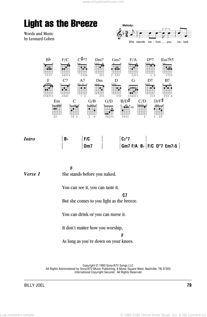 Light As The Breeze sheet music for guitar (chords) by Billy Joel and Leonard Cohen, intermediate skill level